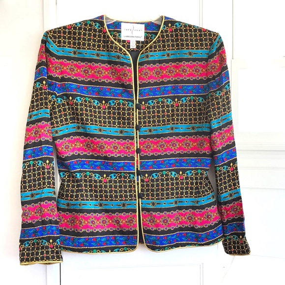 ADRIANNA PAPELL Safe Silk Evening Jacket Blazer Button Front Gold Detail Size 10 - Picture 1 of 16
